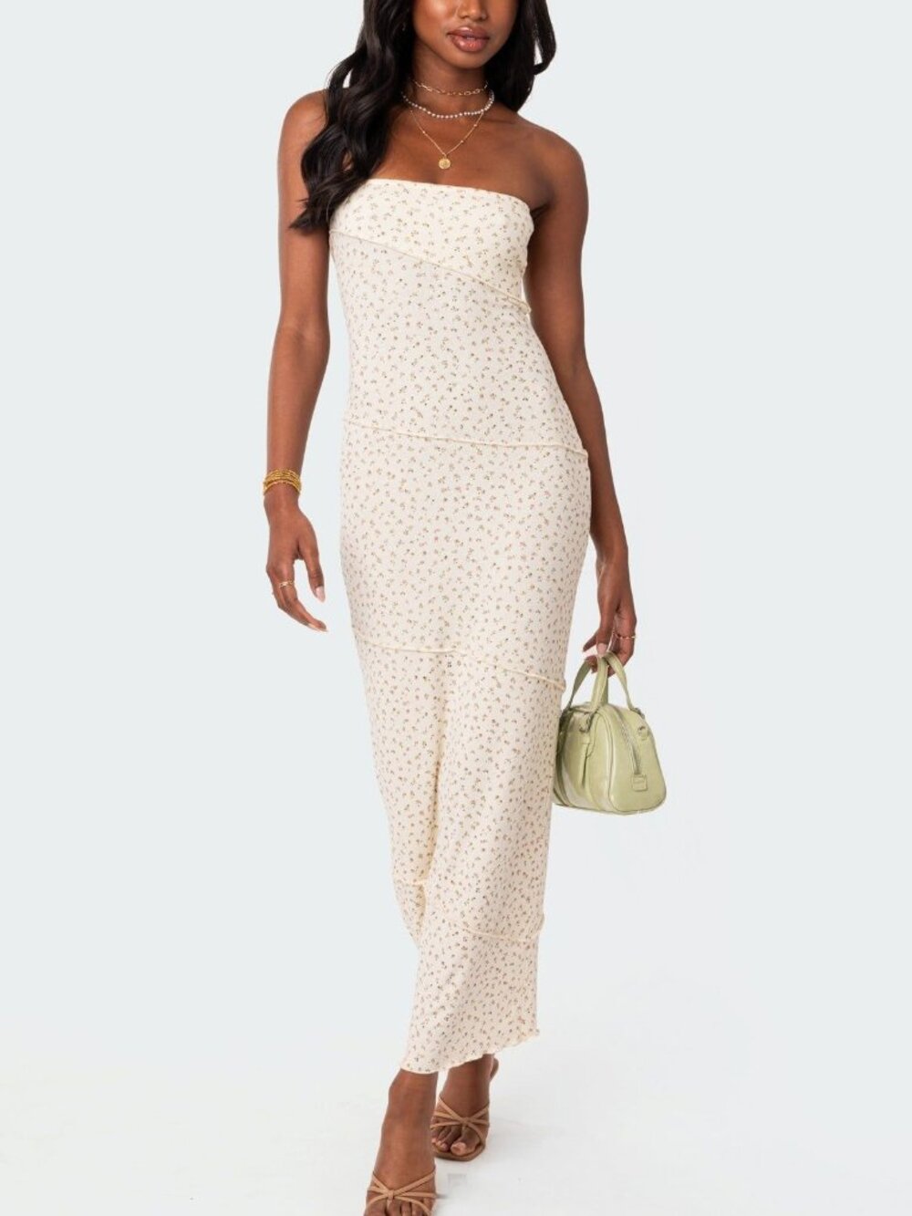Edikted Strapless Floral Maxi Dress Cream XS Ribbed Stretchy Fabric